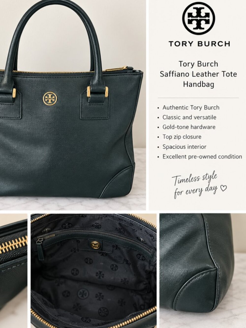 Tory Burch Black Saffiano Leather Double-Zip Tote